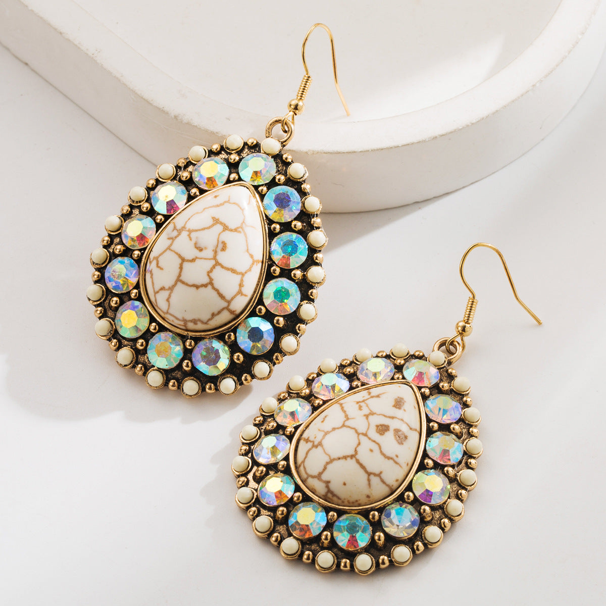Wholesale white turquoise earrings retro exaggerated rhinestone leopard leather earrings